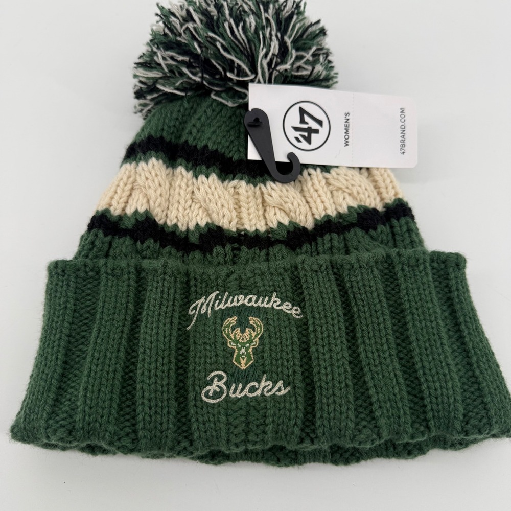 47 Brand Milwaukee Bucks Womens Emma Cuff Knit Pom Beanie Hat Dark Green NBA NEW